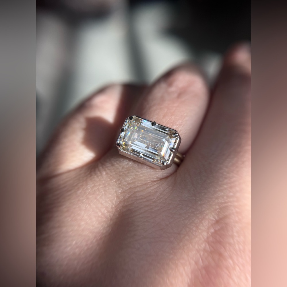 Vintage Inspired 8.64ct Emerald Cut Lab Diamond Ring Two Tone East/West Setting